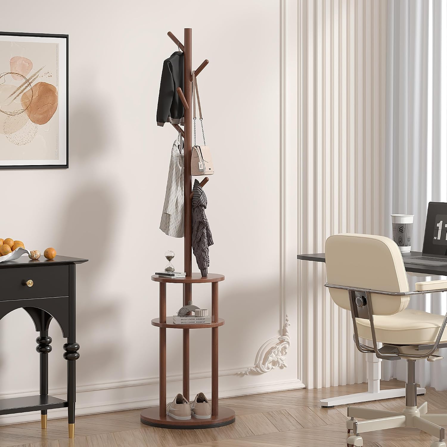 VECELO Coat Rack Freestanding, Entryway Hanger Stand, Umbrella Holder, Hall Tree With Hooks, Floor Standing Tree Stand,Walnut