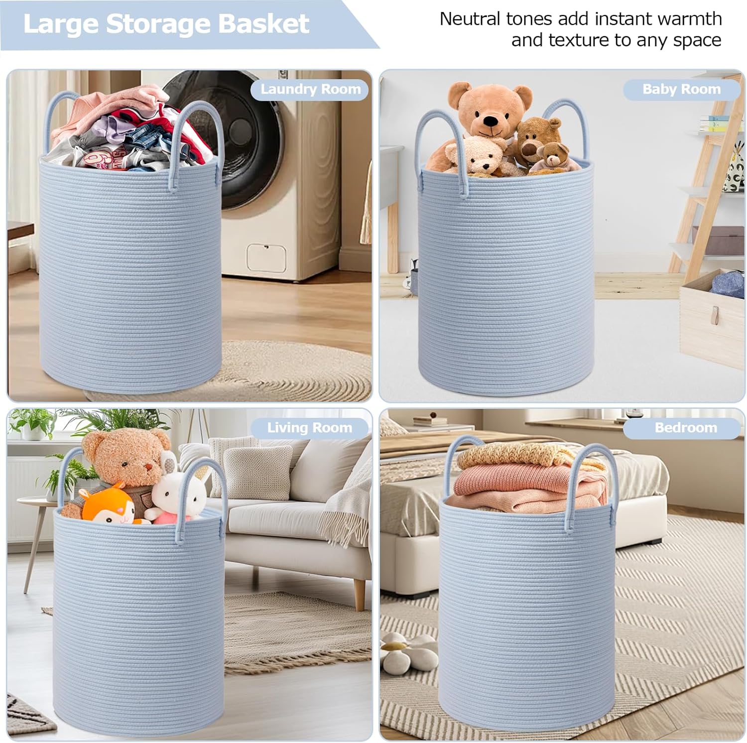 Large Woven Laundry Basket Hamper,60L Cotton Rope Storage Basket for Blankets in living room,Decorative Tall Nursery Hamper for Toys and Clothes,Baby Basket,Blue