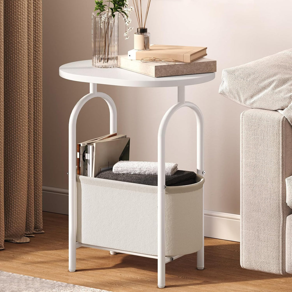 RALGEND Small Round Side Table with Fabric Basket Storage, Oval End Table for Small Spaces, Modern Coffee Bedside Table, Couch Side Table for Living Room, 15.7" X 11.8" X 24", White and Beige 8601BZWT