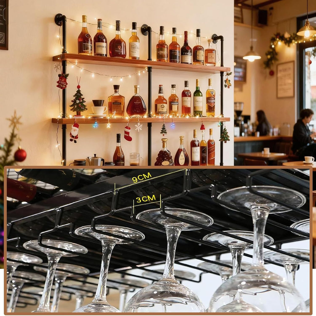 Wall Mounted Wine Rack with LED Light, 4 Tiers Large Wine Rack with Wine Glass Holder. lron & Wood Liquor Bottles Floating Shelves Display Storage for Bar, Kitchen, Cafe (Walnut, 80cm/32in)