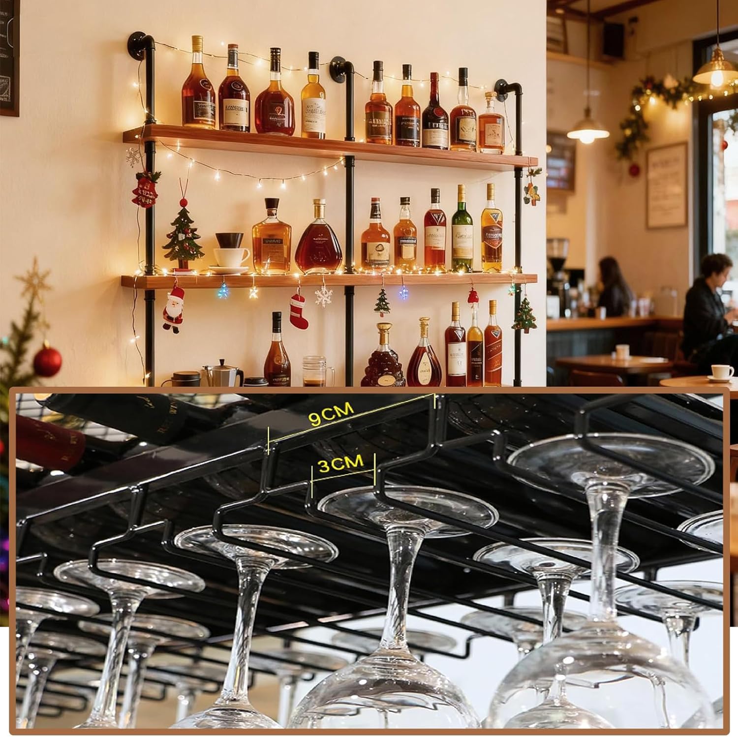 Wall Mounted Wine Rack with LED Light, 4 Tiers Large Wine Rack with Wine Glass Holder. lron & Wood Liquor Bottles Floating Shelves Display Storage for Bar, Kitchen, Cafe (Walnut, 80cm/32in)