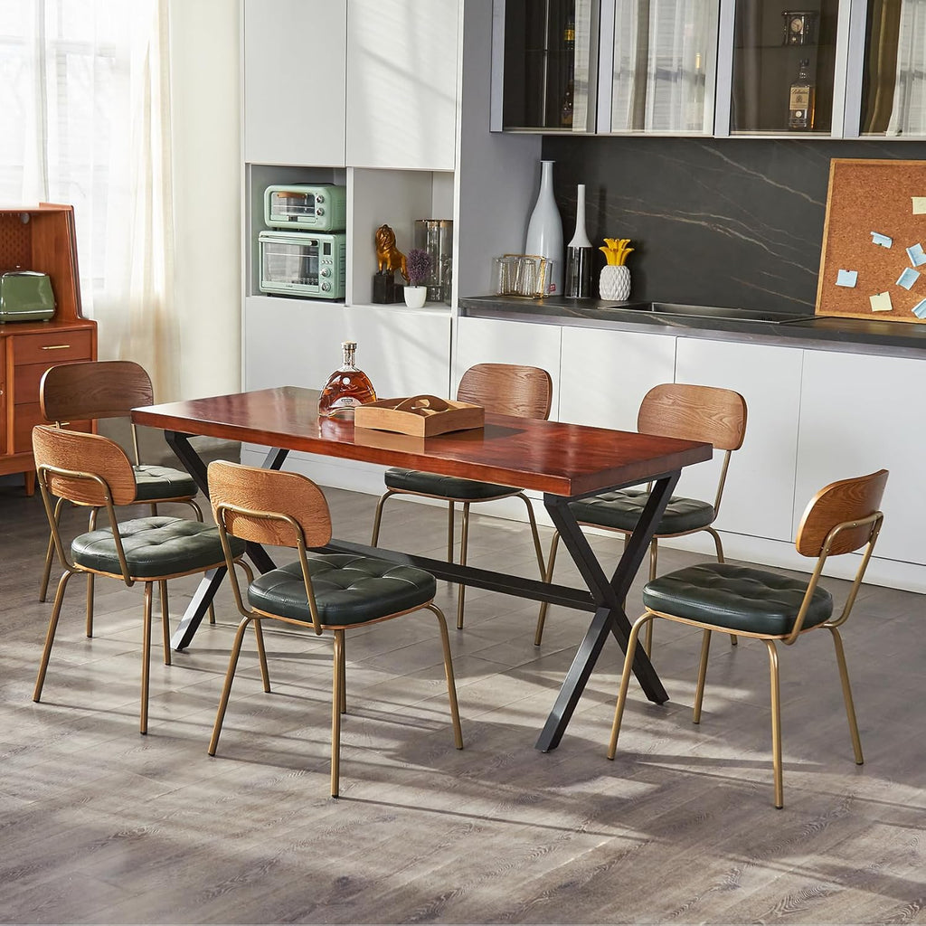 Mid Century Modern Dining Chairs Set of 6, Retro Chair with Faux Leather Upholstered Seat & Solid Wood Backrests & Vintage Distressing Metal Legs & Leg Protectors for Kitchen Dining Room (Dark Green)