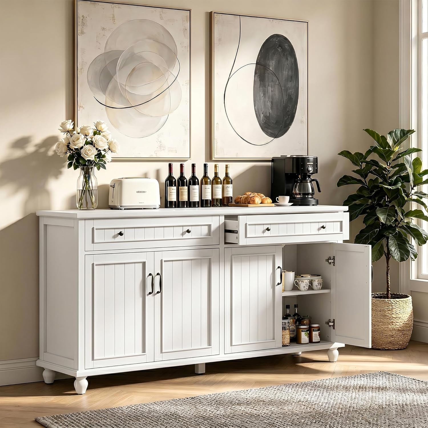 Scurrty Sideboard Buffet Cabinet, 62'' Large Storage Cabinet with Drawers and 4 Doors, Vintage Coffee Bar Cabinets with Adjustable Shelf for Kitchen, Living Room, White