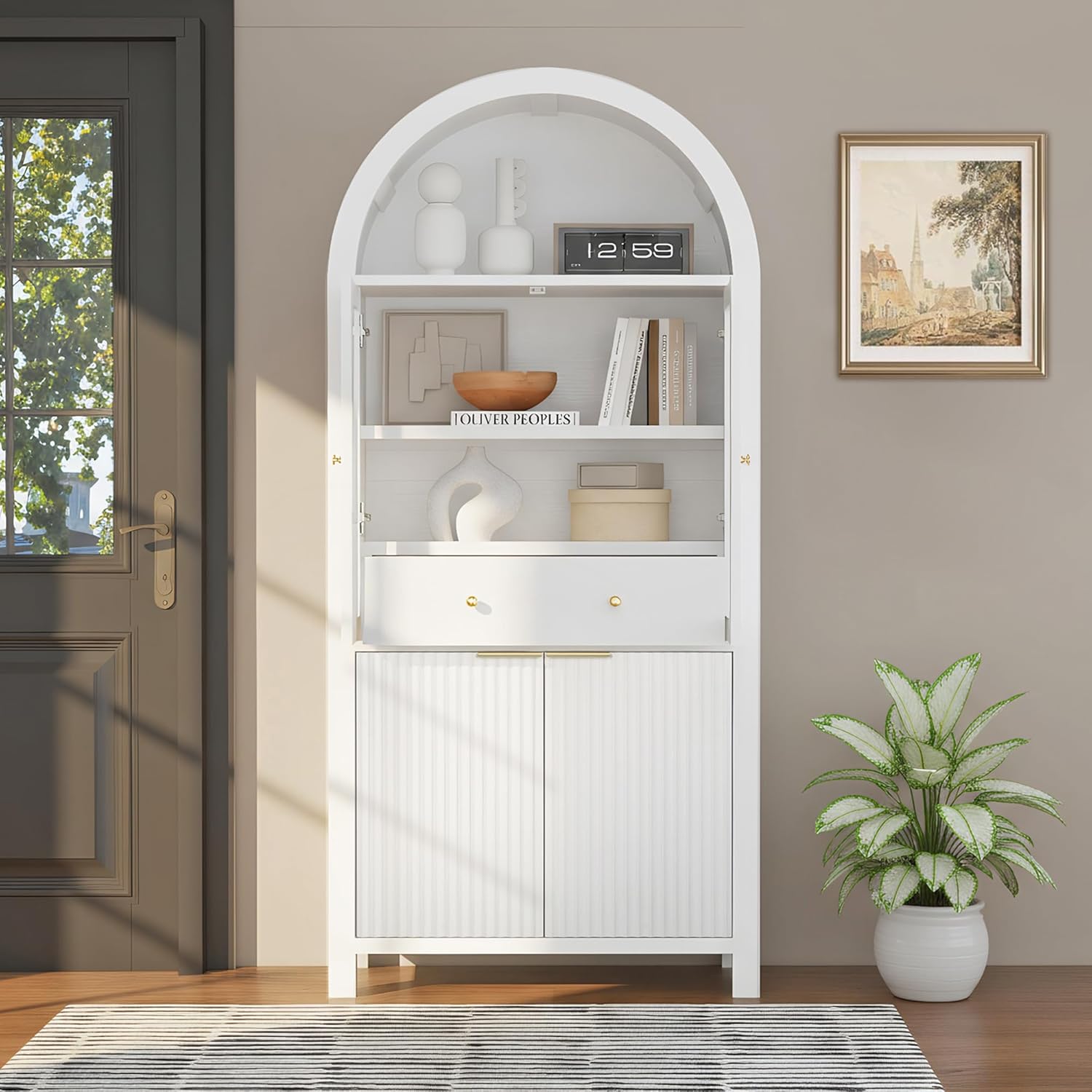 Fluted Tall Arched Pantry Cabinet with Adjustable Shelves & Hidden Drawer - Glass Door Storage for Kitchen, Living Room, Dining Room - Modern Elegant Display Unit (White)