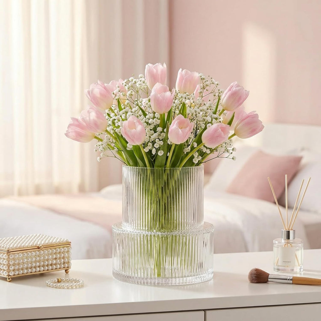 Ribbed Glass Vase, Flower Vase, Fluted Clear Vases for Flowers, Modern Vases for Living Room, Dining Table, Entryway, Shelf, Wedding, Office, Coffee Table, Birthday, 7.5 Inches