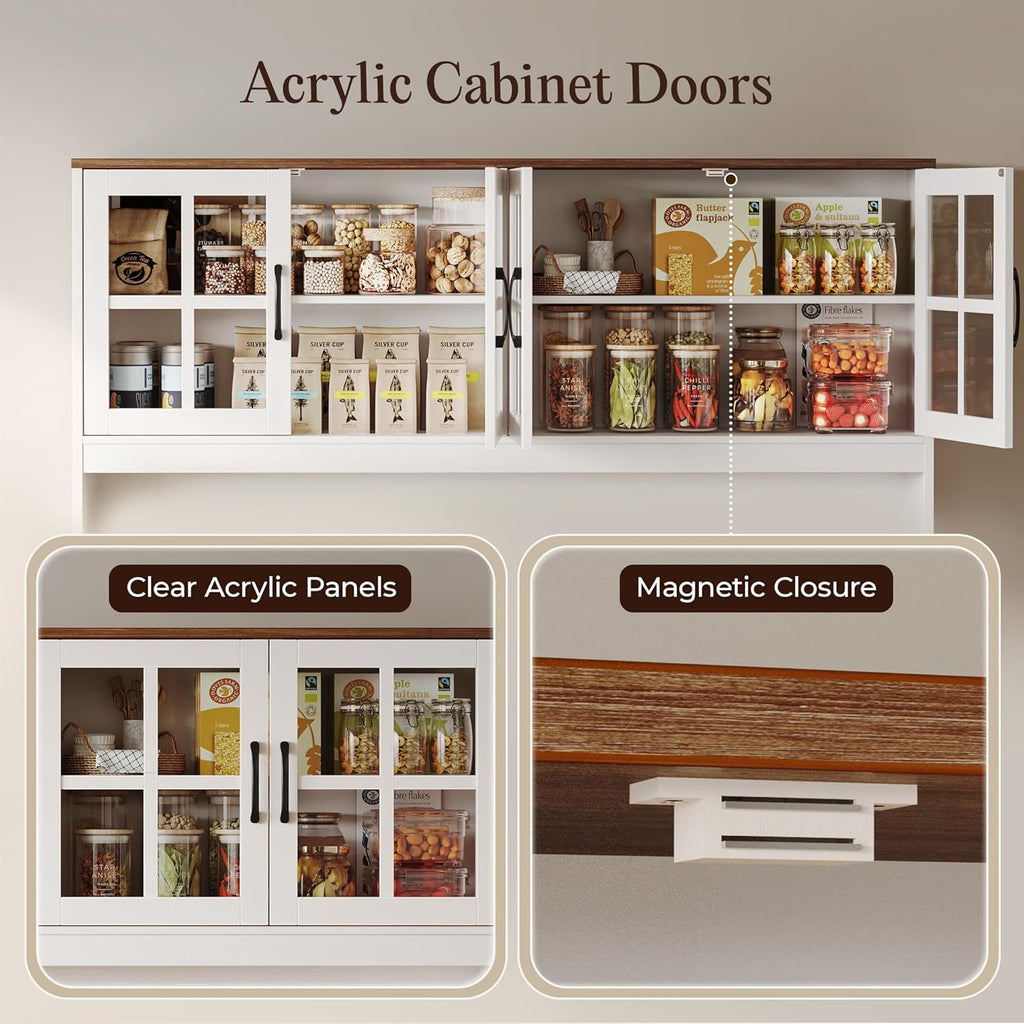 PRAISUN 71''H x 55.1''W Pantry Cabinet with Charging Station, 4 Wide Cabinets Kitchen Pantry with 2 Drawers, Farmhouse Hutch Storage Cabinet, Tall Coffee Bar, Acrylic Door, Adjustable Shelves, White