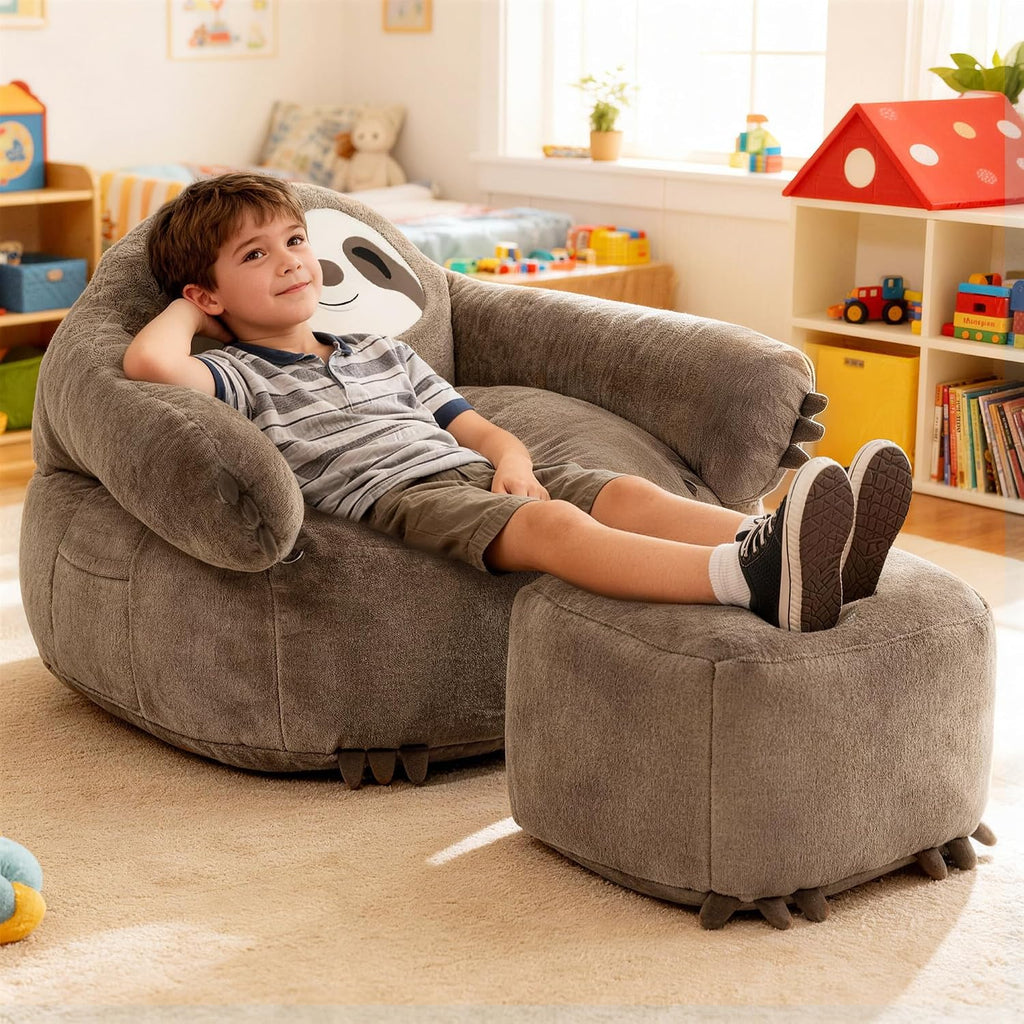 OUTREE Kids Sofa, Giant Sloth Design Bean Bag Chairs for Adults Teen with Sensory Needs, Adjustable Plush Armrest Like a Huggable, Soft Floor Sofa with Footstool‌ for Reading, Relaxing in Living Room