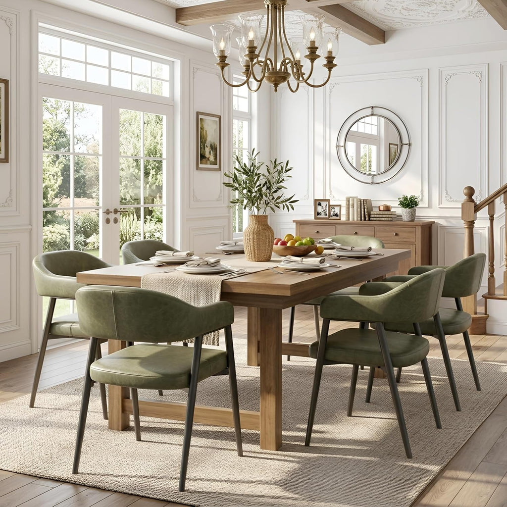 HNY Modern Dining Room Arm Chairs Set of 6, Green Retro Faux Leather Upholstered Barrel Dining Chairs with Arms Mid-Century Accent Chair with Metal Legs, Open-Back Kitchen Side Chairs for Living Room