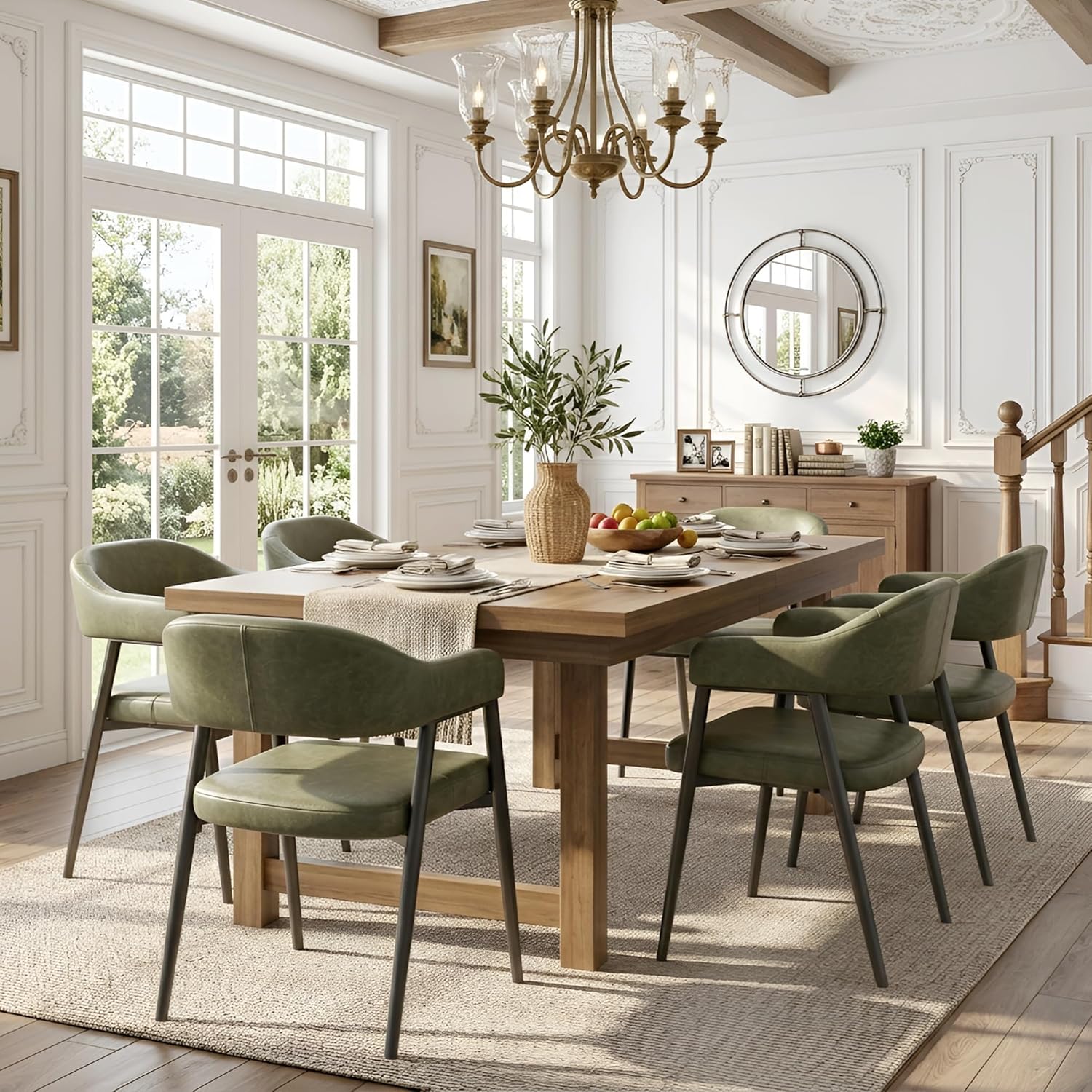 HNY Modern Dining Room Arm Chairs Set of 6, Green Retro Faux Leather Upholstered Barrel Dining Chairs with Arms Mid-Century Accent Chair with Metal Legs, Open-Back Kitchen Side Chairs for Living Room