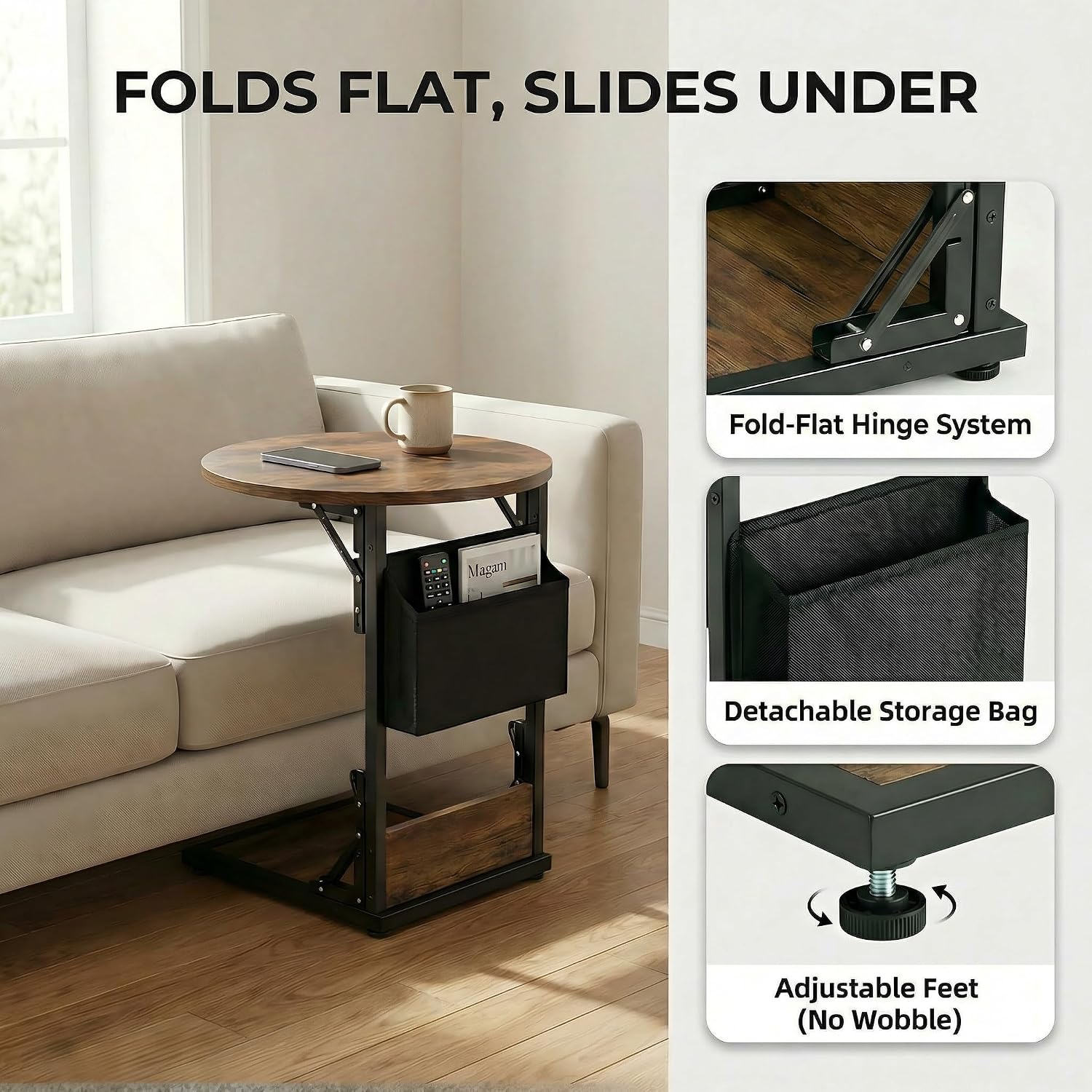 Foldable C Shaped End Table, 15.7" Round Couch Side Table with Storage Pocket, Slides Under Sofa, Heavy-Duty Steel Frame Holds 33 lb, TV Tray & Laptop Table, Rustic Brown/Black