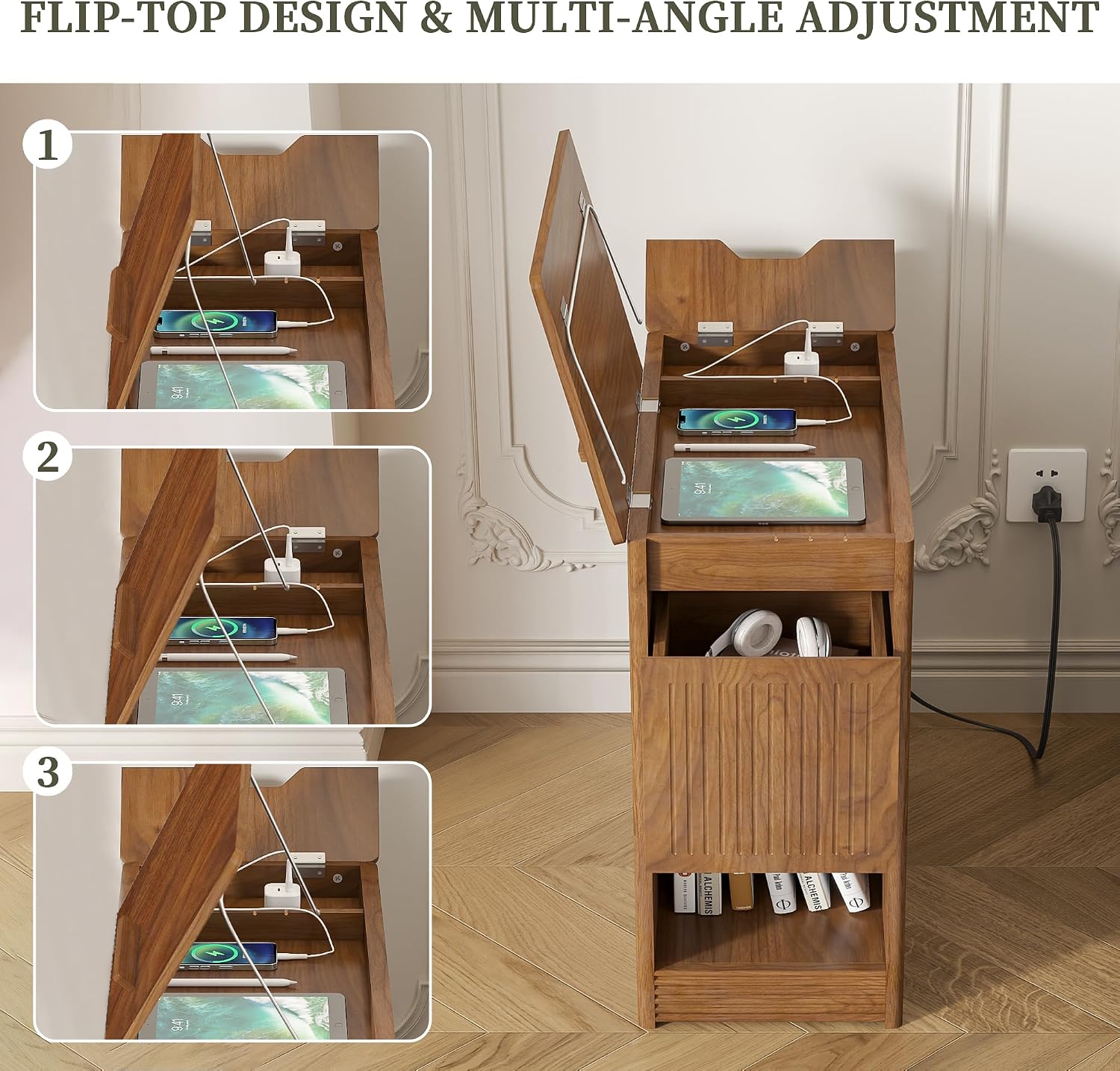 Narrow Side Table with Charging Station, End Table with Storage, Drawer and Wheels, Flip Top Small Modern Nightstand with USB Ports and Outlets for Living Room, Bedroom, Office (Walnut)