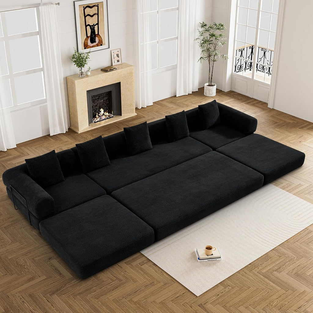 DAMAIFROM Convertible Sleeper Sofa Bed with Cylindrical Pillow,Corduroy Folding Mattress Couch with Fixed-Shape Frame,Modular Floor Sofa Lounge Couch for Living Room Bedroom Lounge,158.6",Black