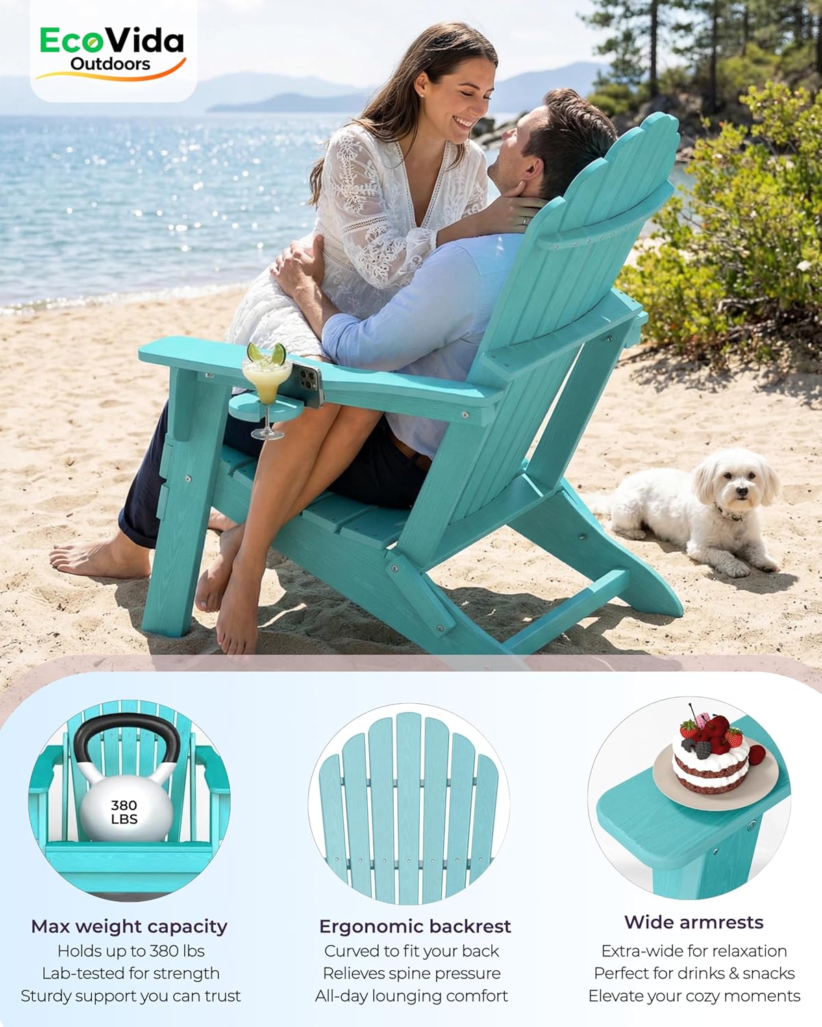 Folding Adirondack Chair with Dual Cup Holders, Ergonomic High Back HDPE Fire Pit Chair, 380lbs Capacity All-Weather Outdoor Patio Lounge Chair for Garden, Deck, Yard - Aruba Blue