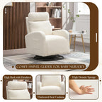 Modern Swivel Glider Chair, Upholstered Accent Glider Rocker for Baby Nursery, Comfy Tall Back Rocking Armchair with Side Pocket and Headrest for Living Room, Bedroom, White Teddy Fabric