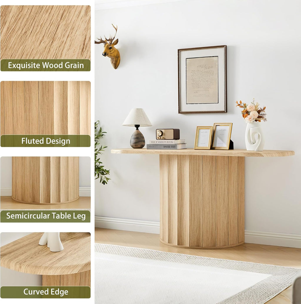 59'' Fluted Console Table for Entryway, Narrow Console Table Wooden Sofa Tables Behind Couch, Modern Curved Accent Table for Hallway, Living Room, Entrance, Foyer (Natural)