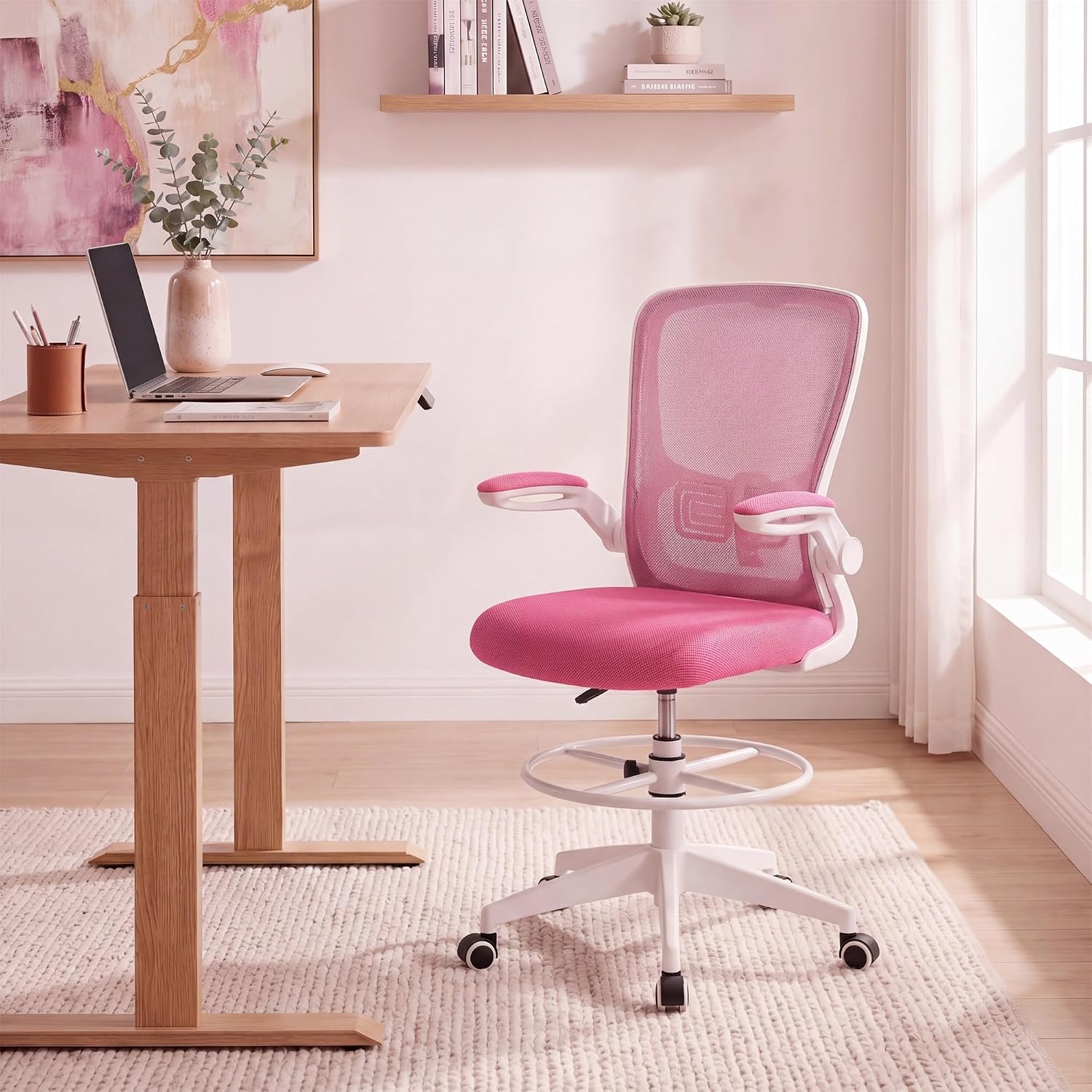 COSTWAY Drafting Chair, Tall Office Chair with Flip-up Armrests & Adjustable Foot Ring, High Back Computer Standing Desk Chair with Ergonomic Lumbar Support, Breathable Mesh (1, Pink)