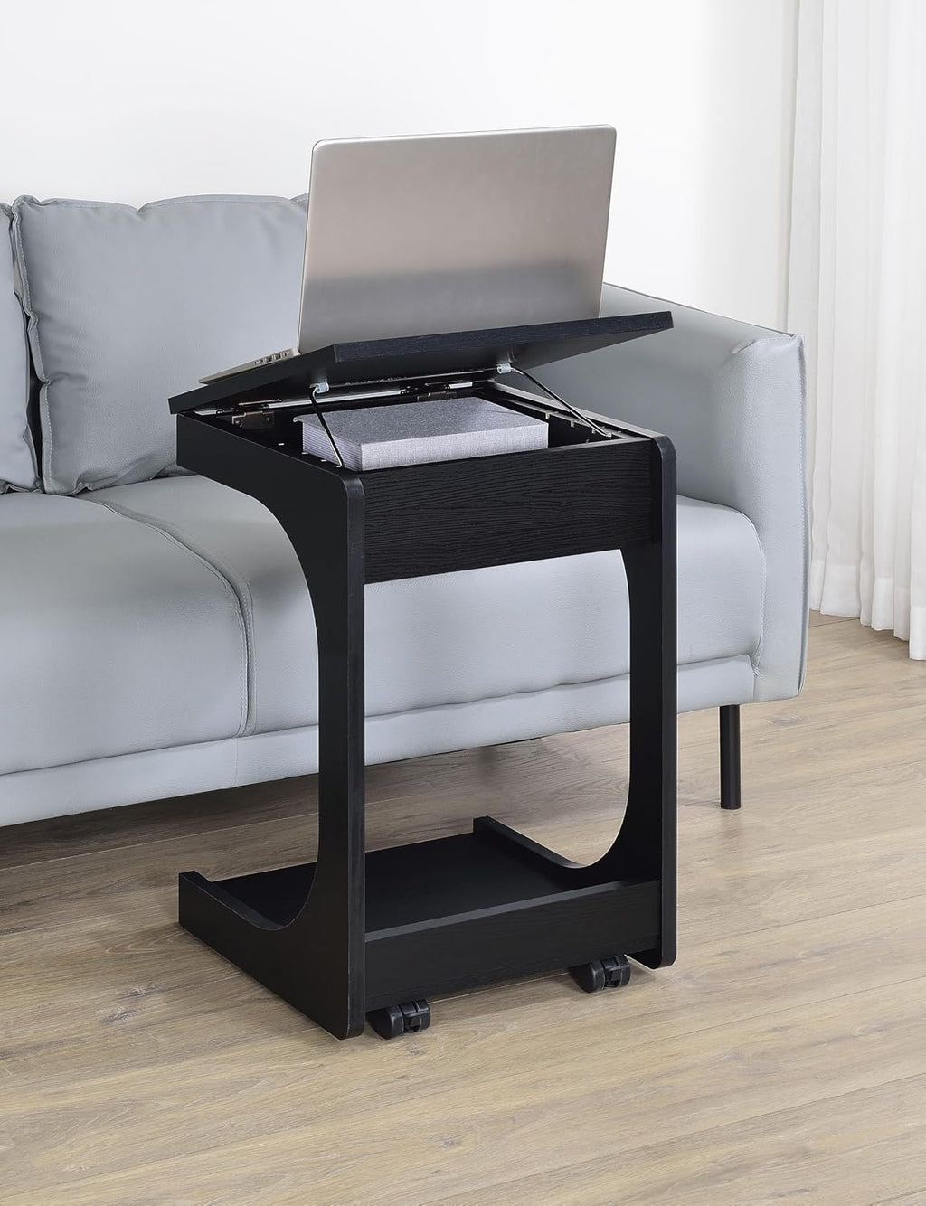 Coaster Home Furnishings - Ralston - Wood - C-Shaped Lift-Top Side Table with Sculpted Frame, Lower Open Shelf, and Black Casters - Living Room - 25.5-Inch - Black Finish - 930290