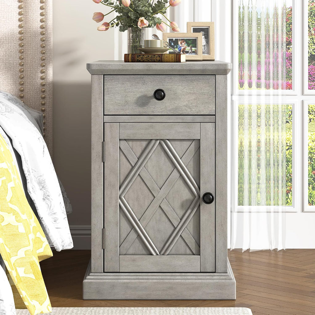 Traditional Wood End Table with Storage & Charging Station, Vintage Farmhouse Nightstand with USB Ports, Small Sofa Side Table for Living Room & Bedroom, Antique Gray