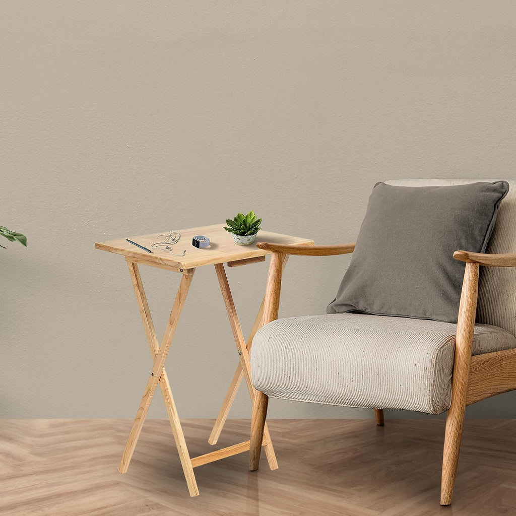 PJ Wood - 5-Pack Folding TV Tray Tables - Wooden Set with Storage Rack | Solid Rubberwood, 19.09 x 14.57 in Surface, 26 in Height, 3 in Collapsed Thickness, Stand Included, Indoor Use