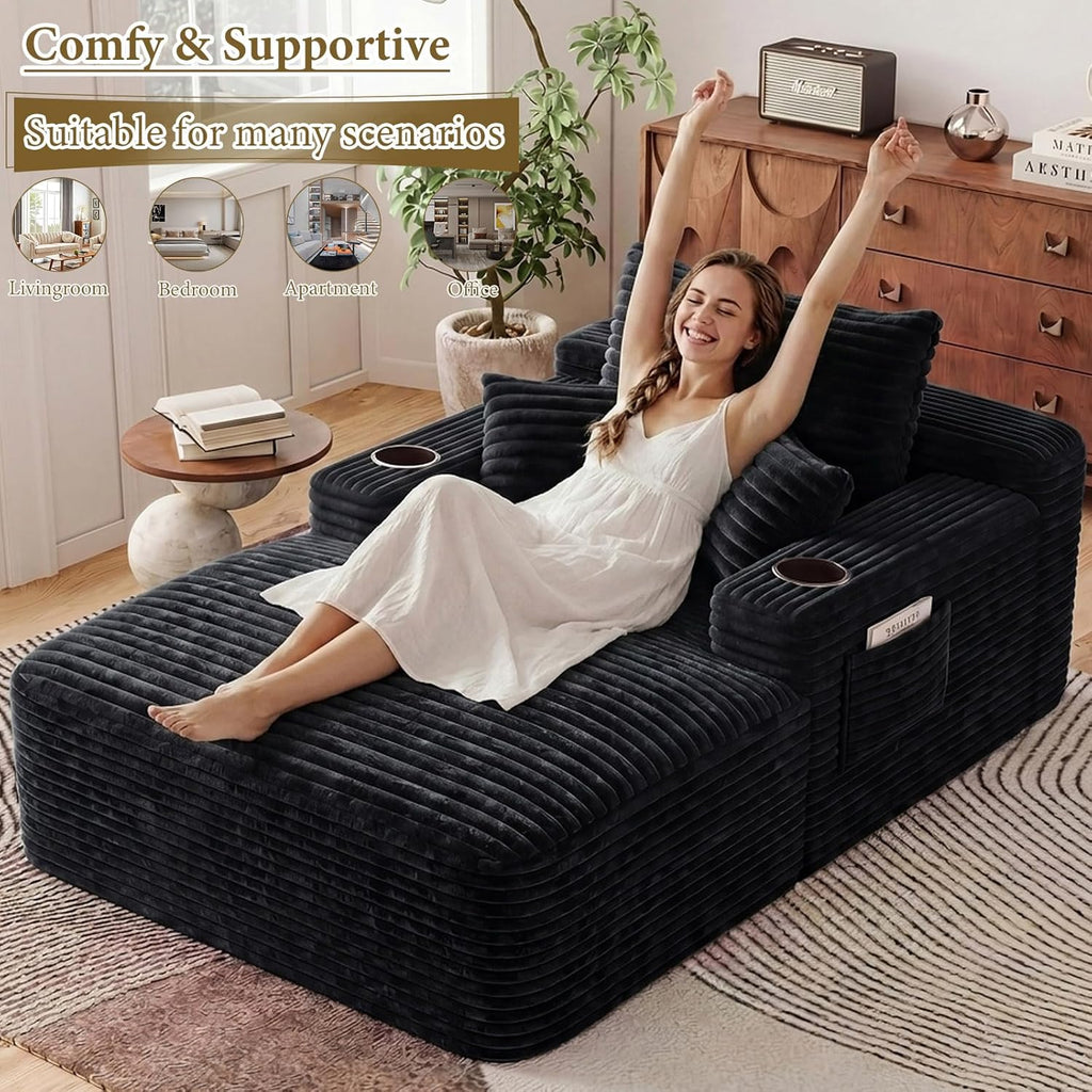 65" L Oversized Chaise Lounge Chair Indoor,Comfy Boneless Reading Chair with Cup Holder & Side Pockets,Corduroy Fabric Single Cloud Sofa Chair for Living Room & Bedroom,No Assembly, Black