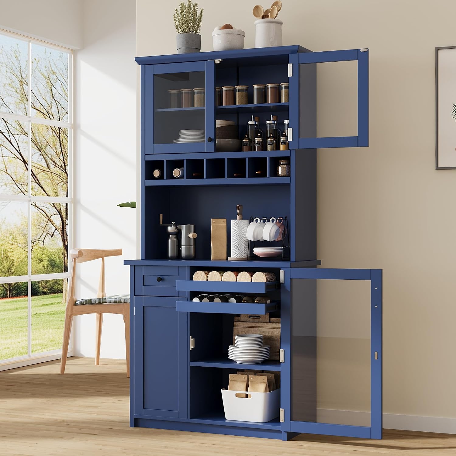 Farmhouse Freestanding Buffet with Hutch, Tall Kitchen Pantry with Wine Rack and Adjustable Shelves,for Dining Room (Blue-W)