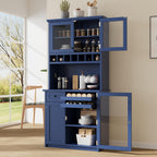 Farmhouse 35.4x17.7x74.8inch Freestanding Kitchen Pantry Cabinet with Hutch, Buffet with Wine Rack, Adjustable Shelves & Tempered Glass Doors, Tall Kitchen Storage Cabinet for Dining Room (Blue Color)