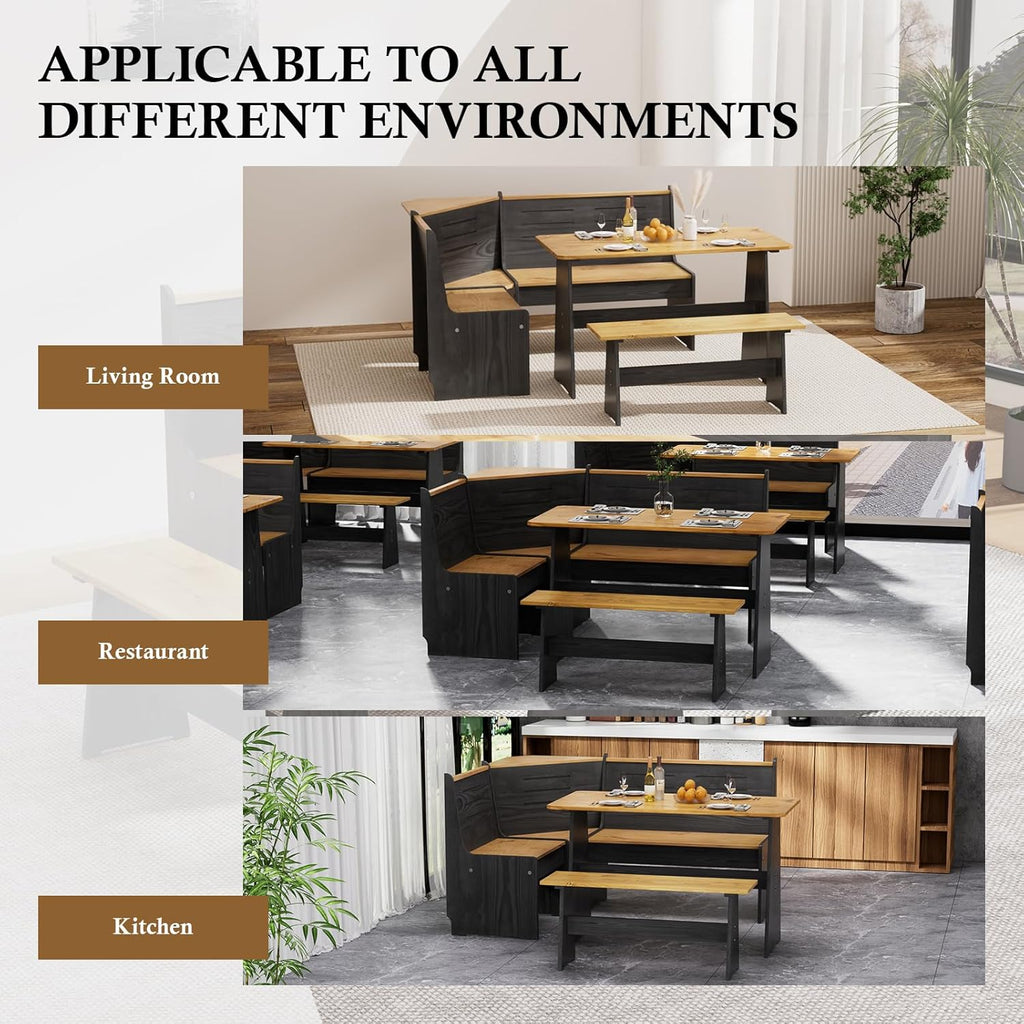 Breakfast Nook Dining Table Set – Black Corner Bench Dining Table, L Shaped Kitchen Nook Booth, Space-Saving Corner Dining Table Set for Kitchen, Apartment, Small Space