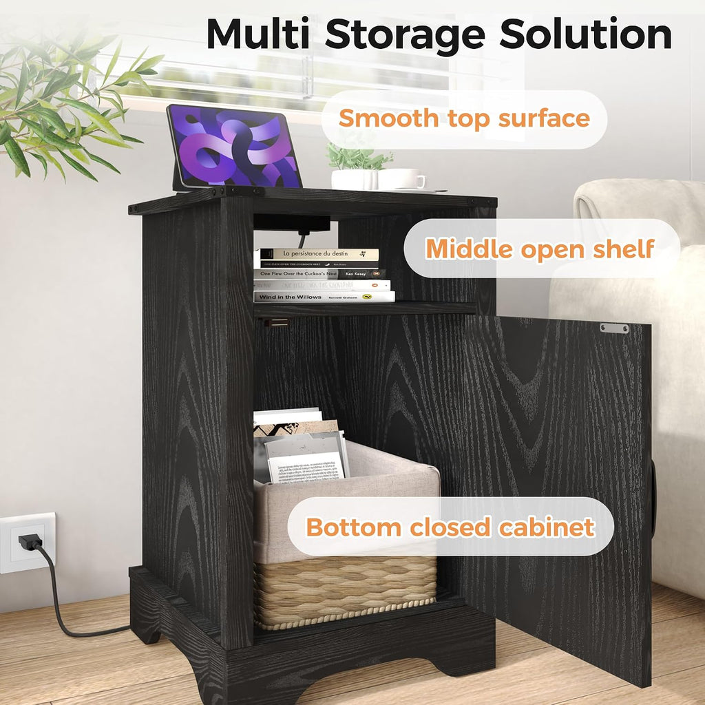 FansaFurn Farmhouse End Table with Charging Station Set of 2, Rustic Night Stand with Storage Cabinet and Shelf, Tall Wooden Bedside Table for Bedroom, Living Room, Black