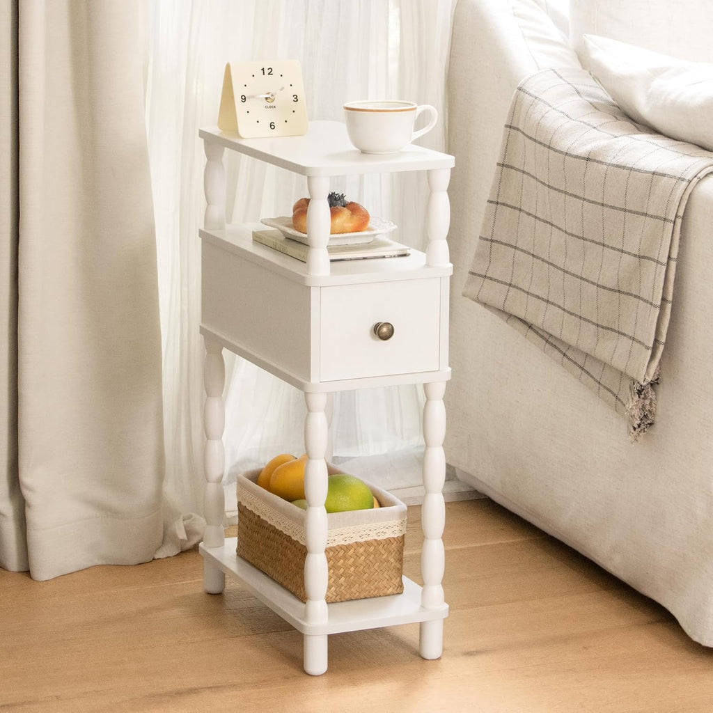 MaxSmeo White Narrow End Table, Small Side Table Living Room, Skinny Bedside Table Nightstand with Drawer for Small Spaces, Bedroom (White)
