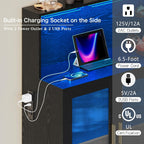 Wine Bar Cabinet with LED Lights Power Outlet Liquor for Home Black | Storage drawer, glass holders, wine racks, adjustable shelves, acrylic door, P2 MDF, for living room kitchen, modern design
