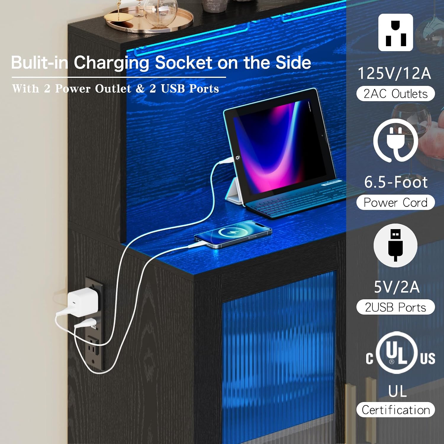 Wine Bar Cabinet with LED Lights Power Outlet Liquor for Home Black | Storage drawer, glass holders, wine racks, adjustable shelves, acrylic door, P2 MDF, for living room kitchen, modern design