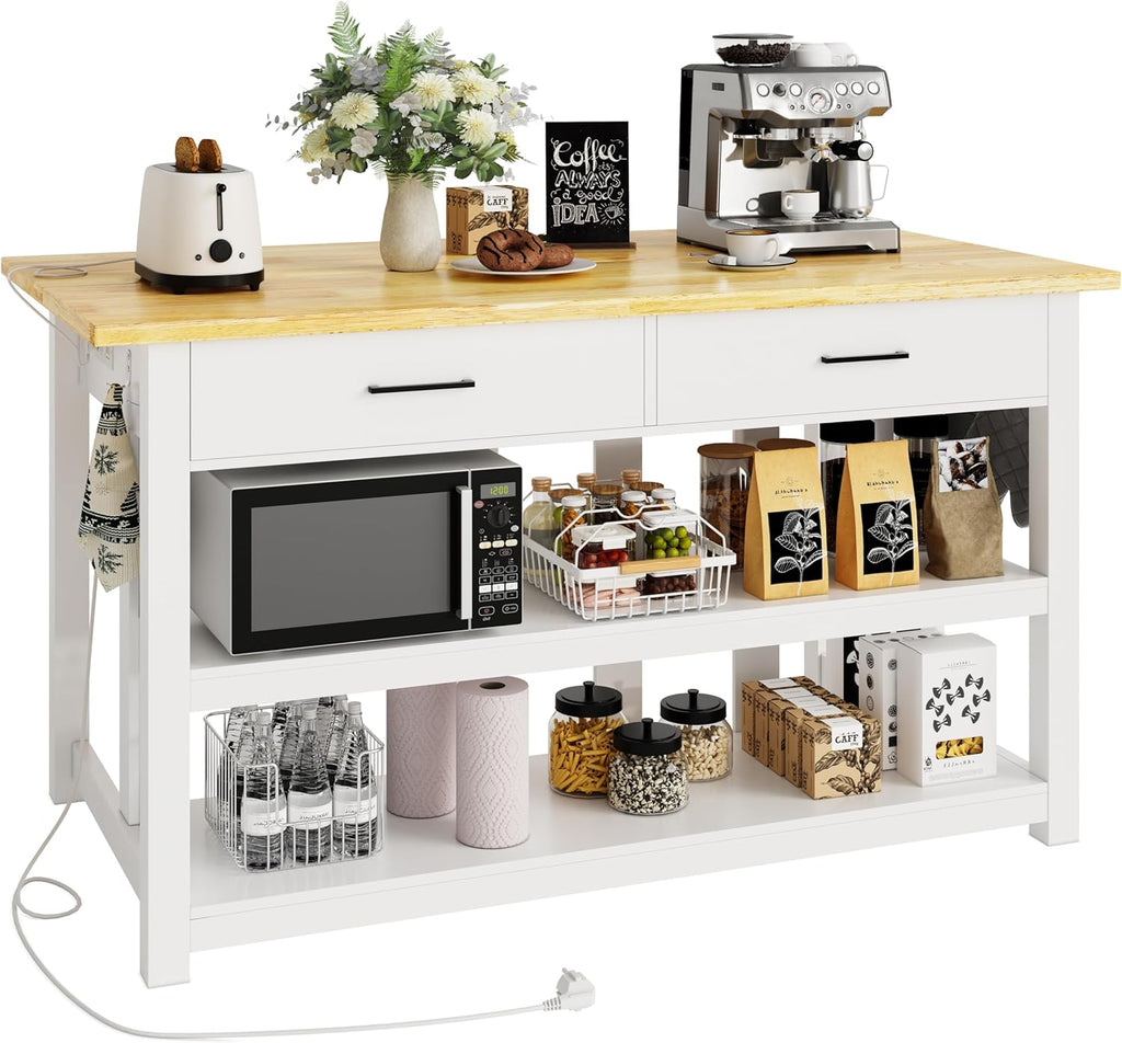 DynJest 47.3" Solid Rubberwood Kitchen Island with Power Outlets - Extra Large Work Surface, 2 Drawers & Open Shelves Storage Cabinet for Kitchen Dining Room, Farmhouse Style (White)