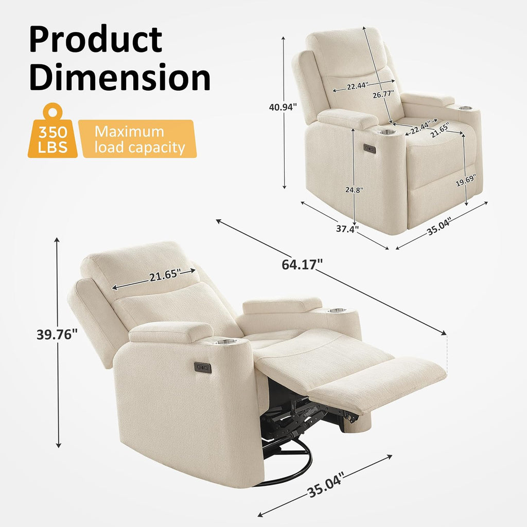 Oversized Nursery Glider Rocking Chair, 270° Swivel Glider Recliner Chair with USB & Type-C Ports, Cup Holders & Armrest Storage, Soft Chenille Nursery Chair for Living Room, Bedroom