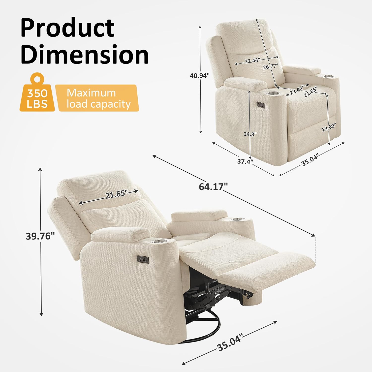 Oversized Nursery Glider Rocking Chair, 270° Swivel Glider Recliner Chair with USB & Type-C Ports, Cup Holders & Armrest Storage, Soft Chenille Nursery Chair for Living Room, Bedroom