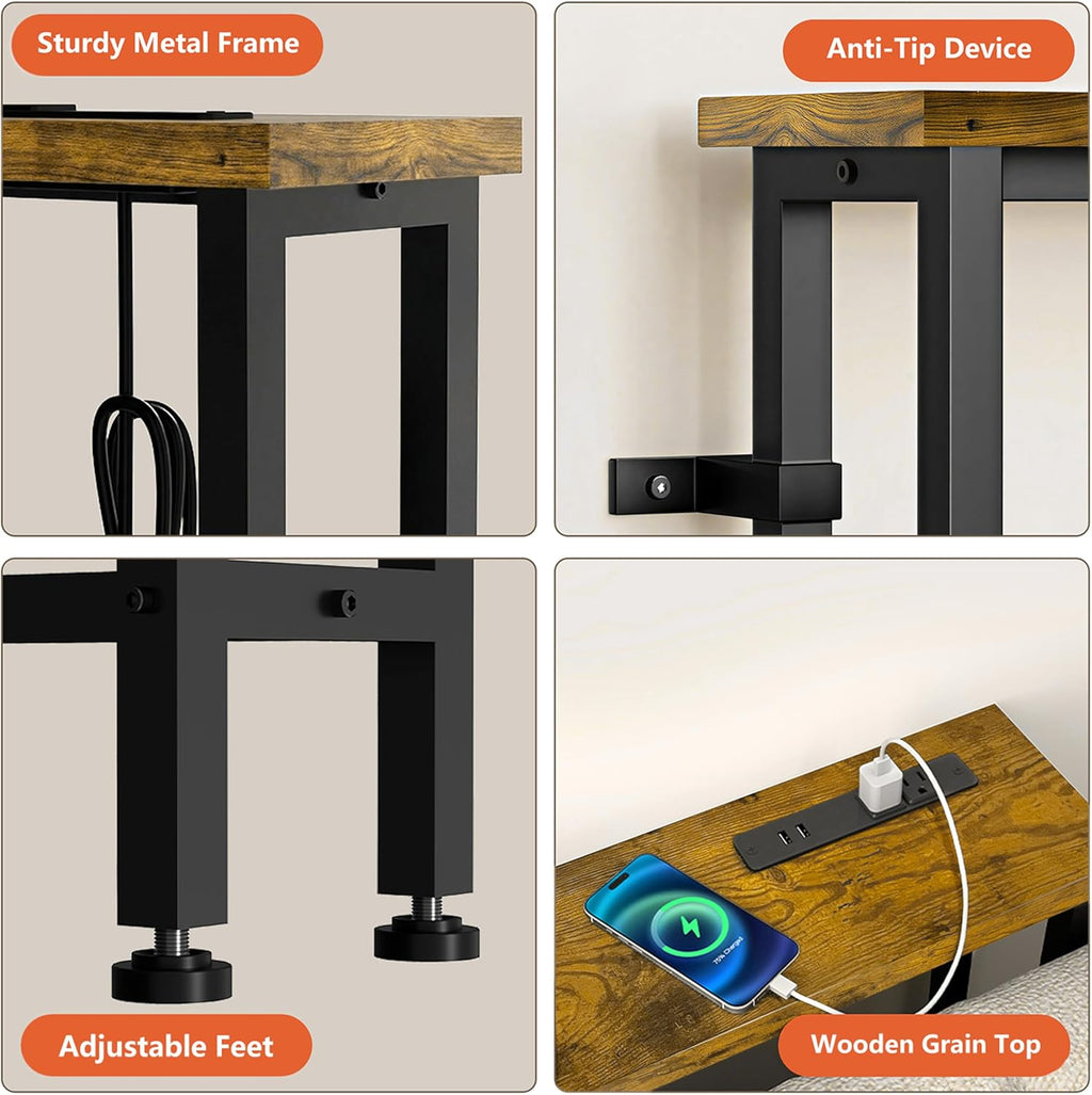 70" Narrow Sofa Table with Outlet (2 AC Outlets & 2 USB Ports), Behind Couch Table with Charging Station, Long Skinny Console Table for Living Room, Entryway and Hallway (Rustic Brown)