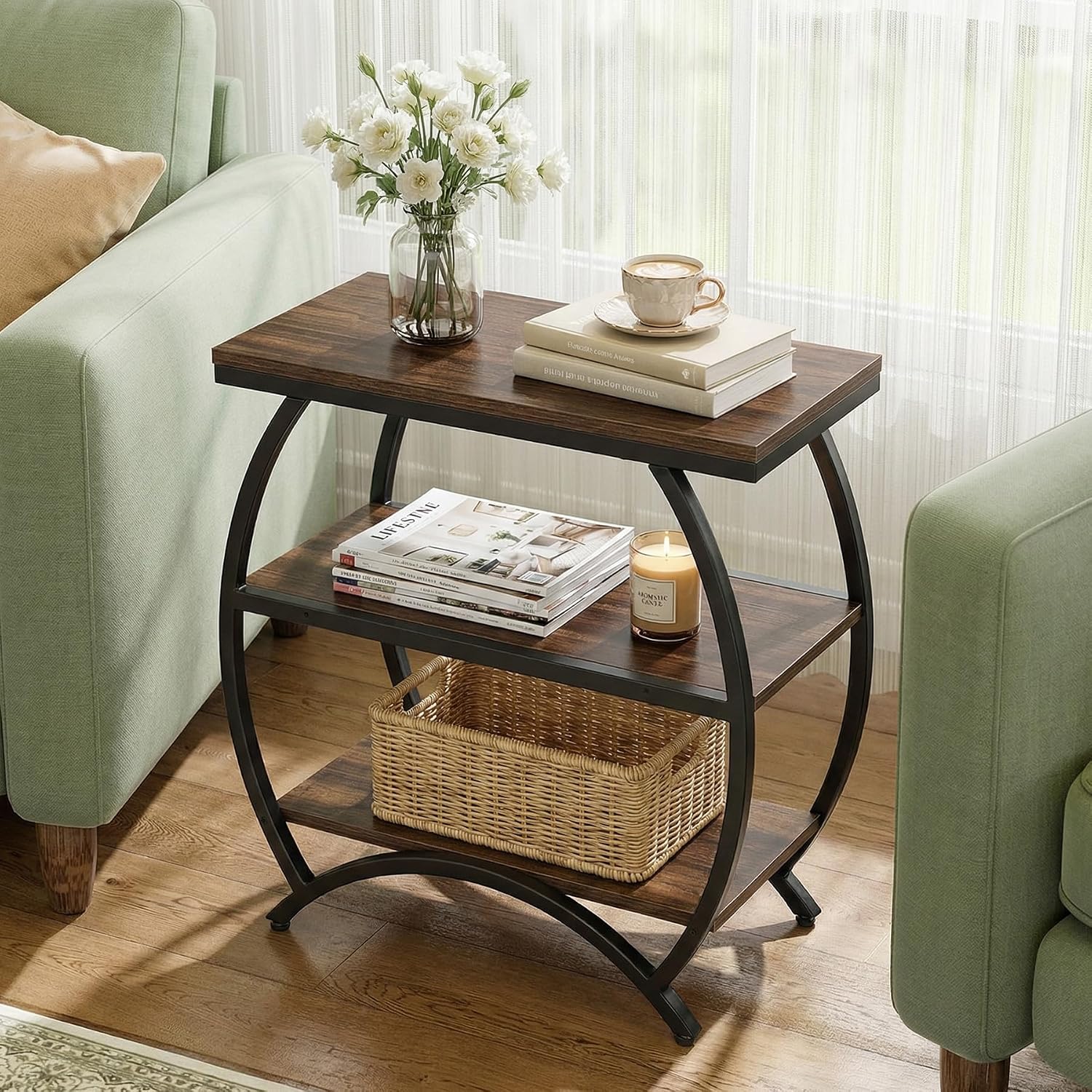 Tribesigns End Table for Living Room, Narrow Couch Side Table with 3-Tier Storage Shelves, Small Bedside Nightstand with Metal Frame, Rustic Brown