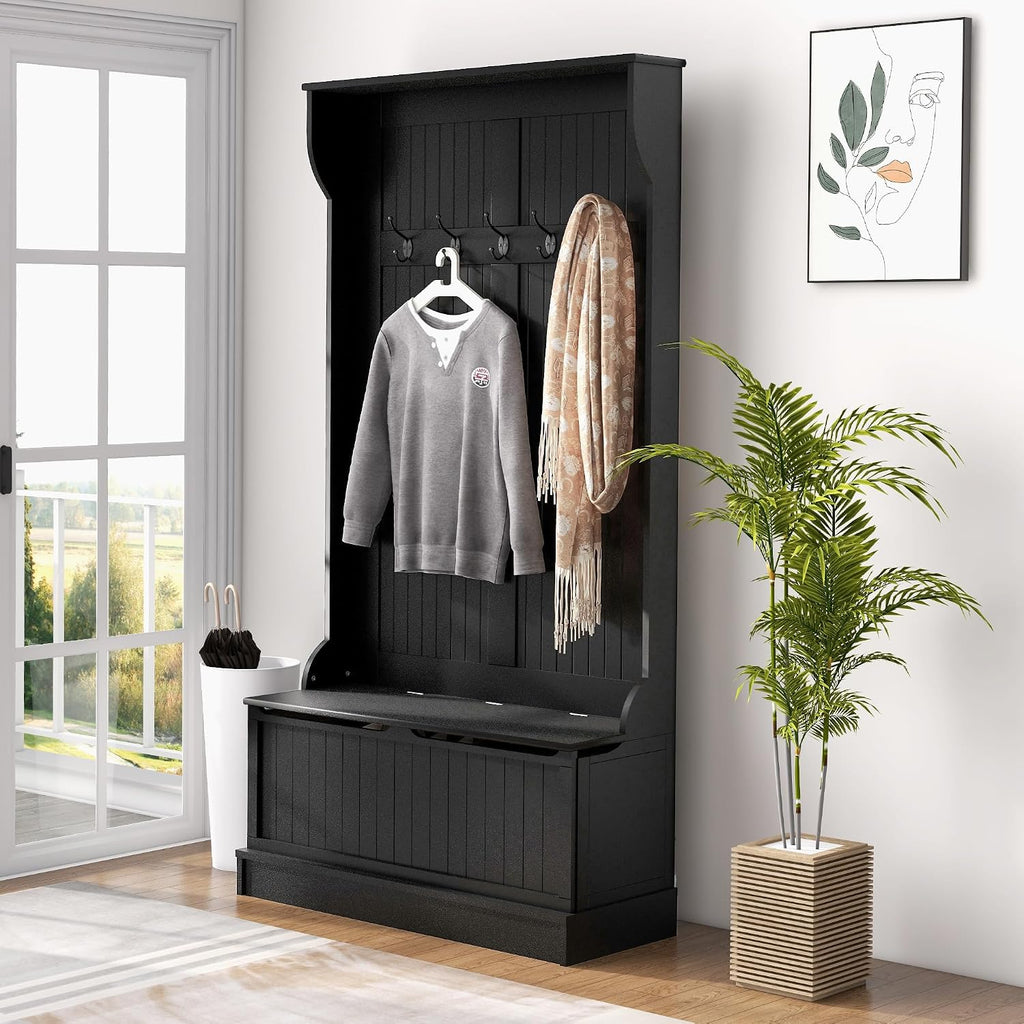 HOMCOM Hall Tree with Bench and Shoe Storage 3-in-1 Coat Rack Black | Slim Bench with Coat Rack, 4 Hooks, Flip Top Storage Compartment