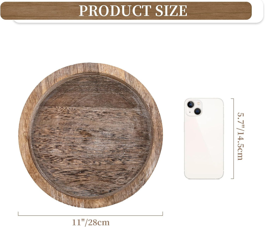 Hanobe Candle Plate Holder Tray: Round Wood Decorative Candle Plate - Rustic Farmhouse CoffeeTable Decor - Tealight Pillar Trays for Home Decor (Distressed)