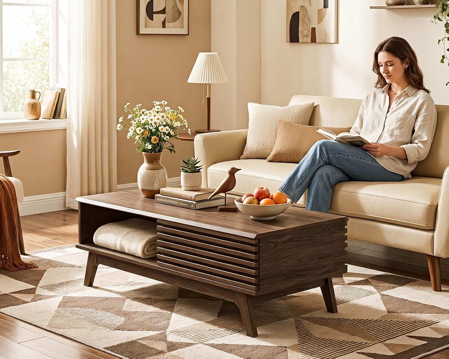 AODK Coffee Table with Storage, Mid Century Modern Wood Table with Dual Sliding Doors, Large Slatted Cocktail Table for Living Room, 47.2‘’ x 23.6'', Walnut