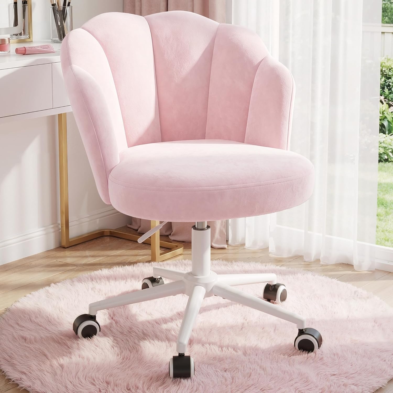 Homkdom Office Vanity Chair with Wheels, Comfy Desk Chair with Back, Armless Home Office Desk Chair Hight Adjustable & 360° Swivel, Makeup Task Chair for Bedroom, Study Room, Blush Pink