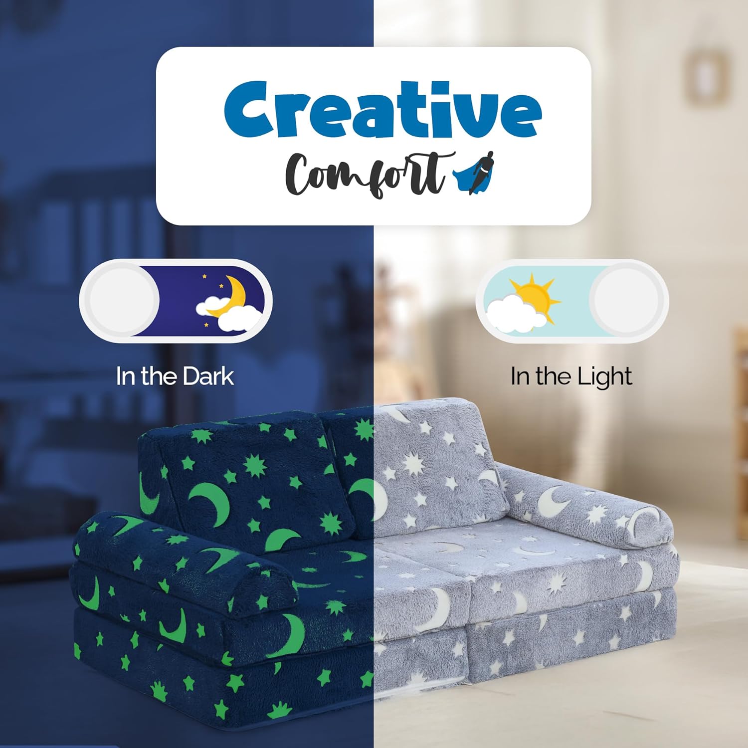 WONDERME 2-Seater Modular Kids Play Couch – 10pc Glow in the Dark Creative Kids Couch for Playroom, Living Room, and Bedroom Fortplay – Convertible Foam and Floor Cushion for Ages 1 to 10