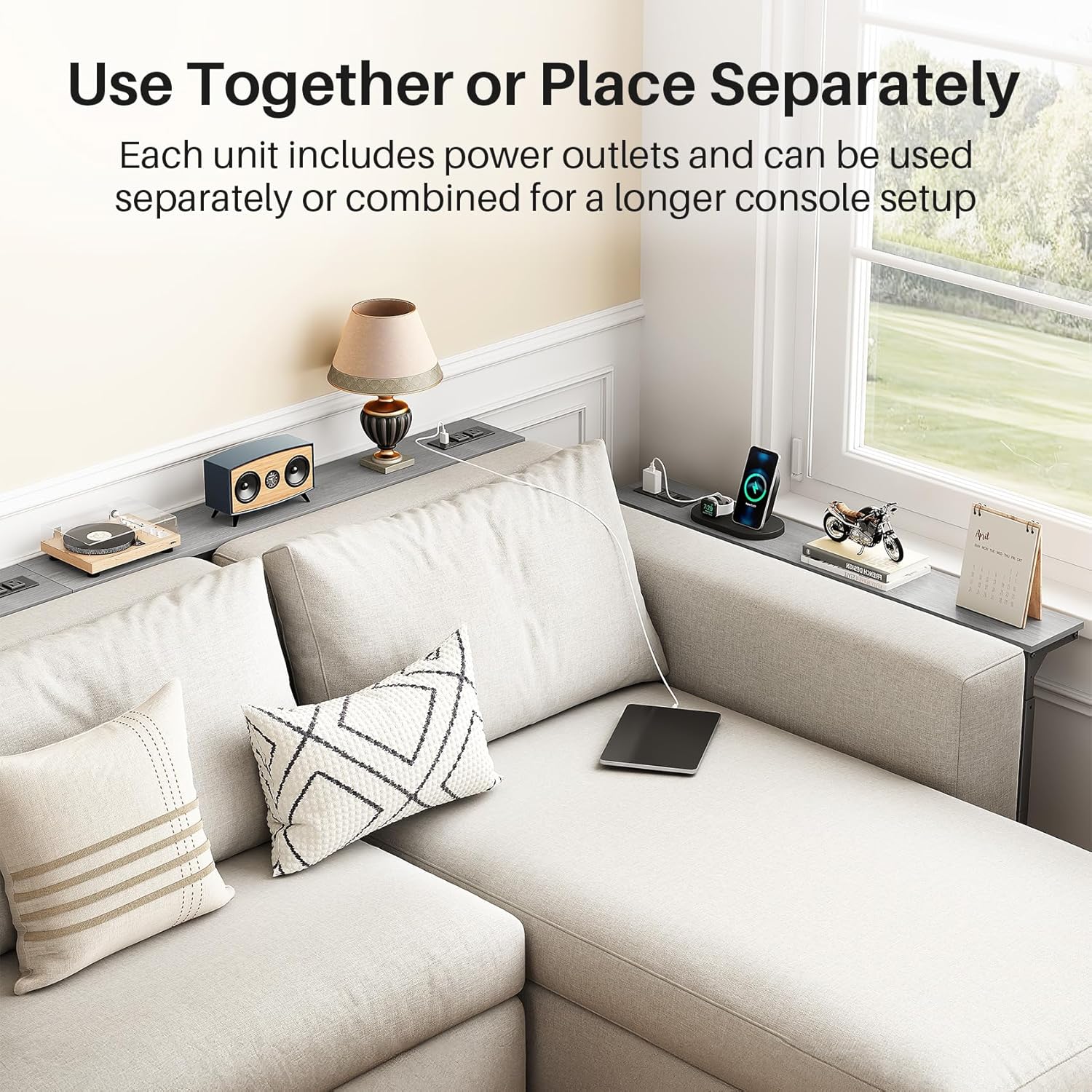 Kitstorack Narrow Sofa Table with Charging Station, 78.8" Behind Couch Table, Adjustable 24.4"-32.7" Height, Modular 2-piece Design for sectionals, entryways, Apartments, and Narrow Living Spaces