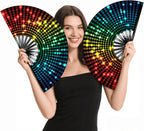 Large Glow Rave Fan, 13 Inch Folding Clack Hand Fan with DJ Lighting Effects - Portable Handheld Line Dancing Fan for Music Festivals, EDM Parties & Rave Outfit Accessories