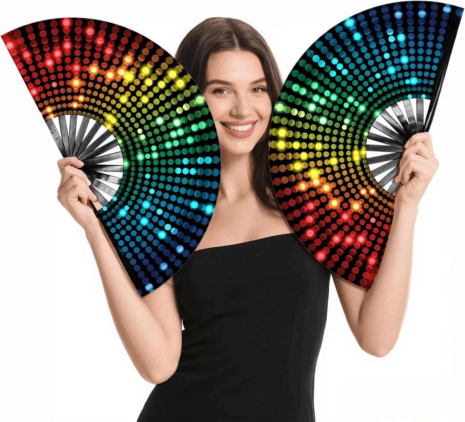 Large Glow Rave Fan, 13 Inch Folding Clack Hand Fan with DJ Lighting Effects - Portable Handheld Line Dancing Fan for Music Festivals, EDM Parties & Rave Outfit Accessories