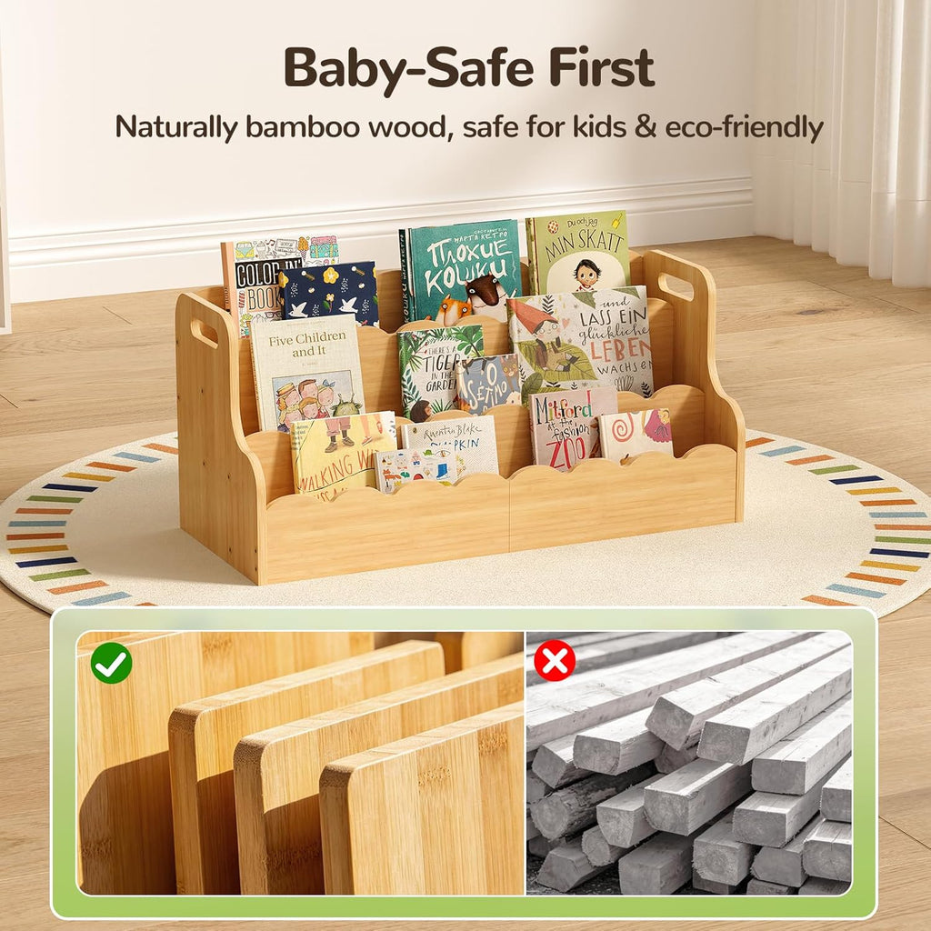 ELYKEN Bamboo Kids Bookshelf, Montessori Toddler Bookcase Organizer with Handles for Nursery, Playroom, Bedroom, 3-Tier Natural Children’s Book Shelf
