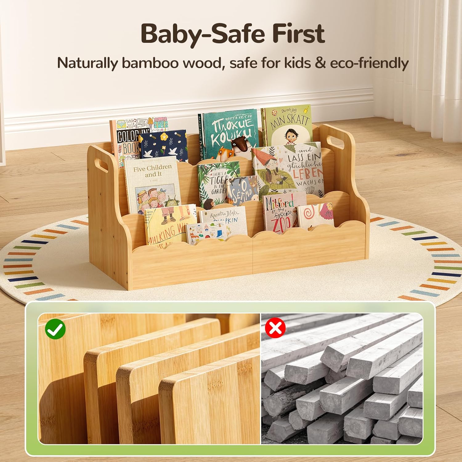 ELYKEN Bamboo Kids Bookshelf, Montessori Toddler Bookcase Organizer with Handles for Nursery, Playroom, Bedroom, 3-Tier Natural Children’s Book Shelf
