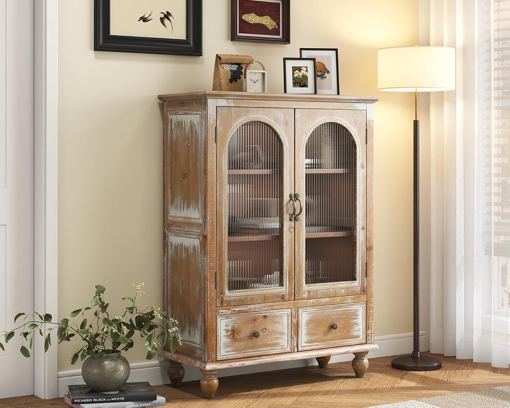 LKTART Solid Wood Storage Cabinet, Kitchen Sideboard Buffet Pantry Cabinet with Glass Doors & Drawers, Entryway Cabinet, Rustic Display Cabinet for Living Room,Natural Wood,48" Tall