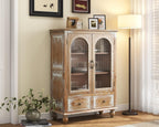 LKTART Solid Wood Storage Cabinet, Kitchen Sideboard Buffet Pantry Cabinet with Glass Doors & Drawers, Entryway Cabinet, Rustic Display Cabinet for Living Room,Natural Wood,48" Tall