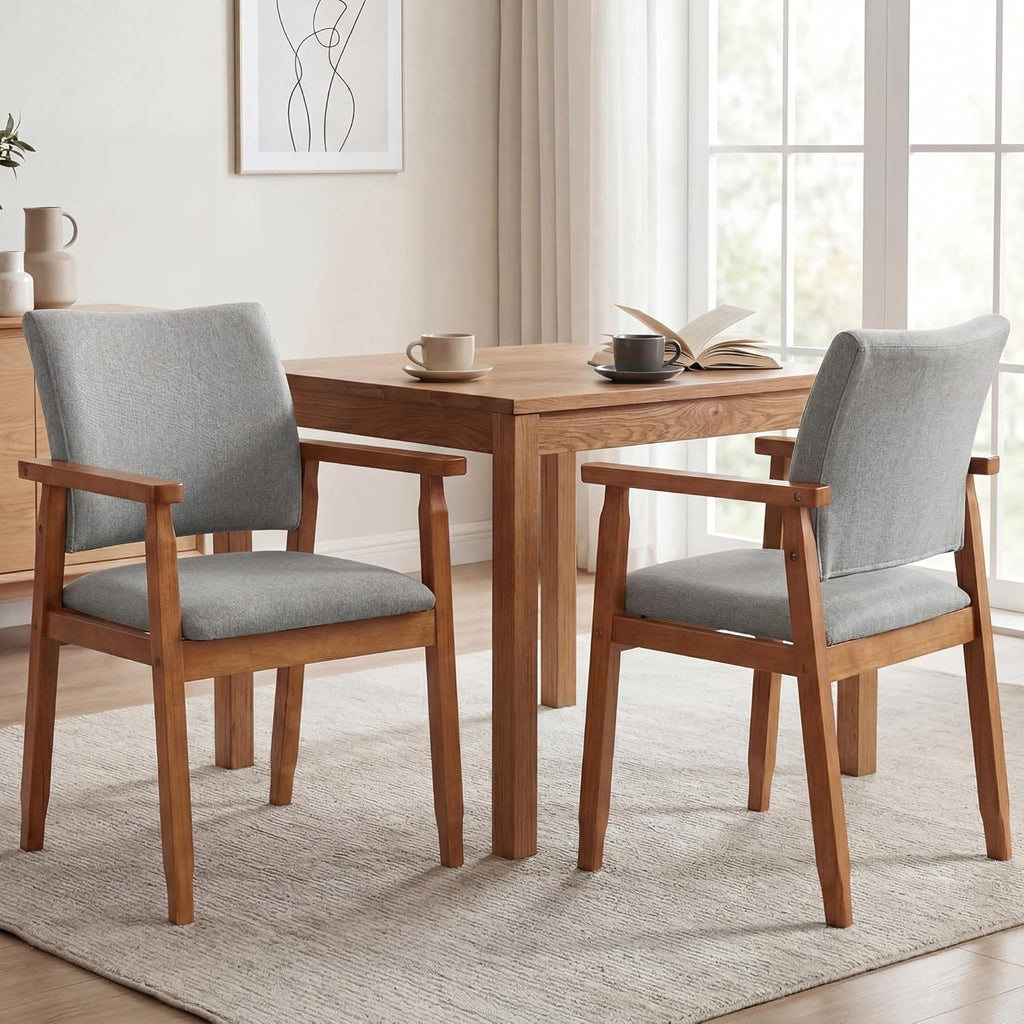 GOTMINSI Mid-Century Modern Linen Dining Chair with Arms, Solid Wood Frame, 320 lbs Weight Capacity, Upholstered Accent Chair for Kitchen Dining Room Living Room (Grey,1pc)
