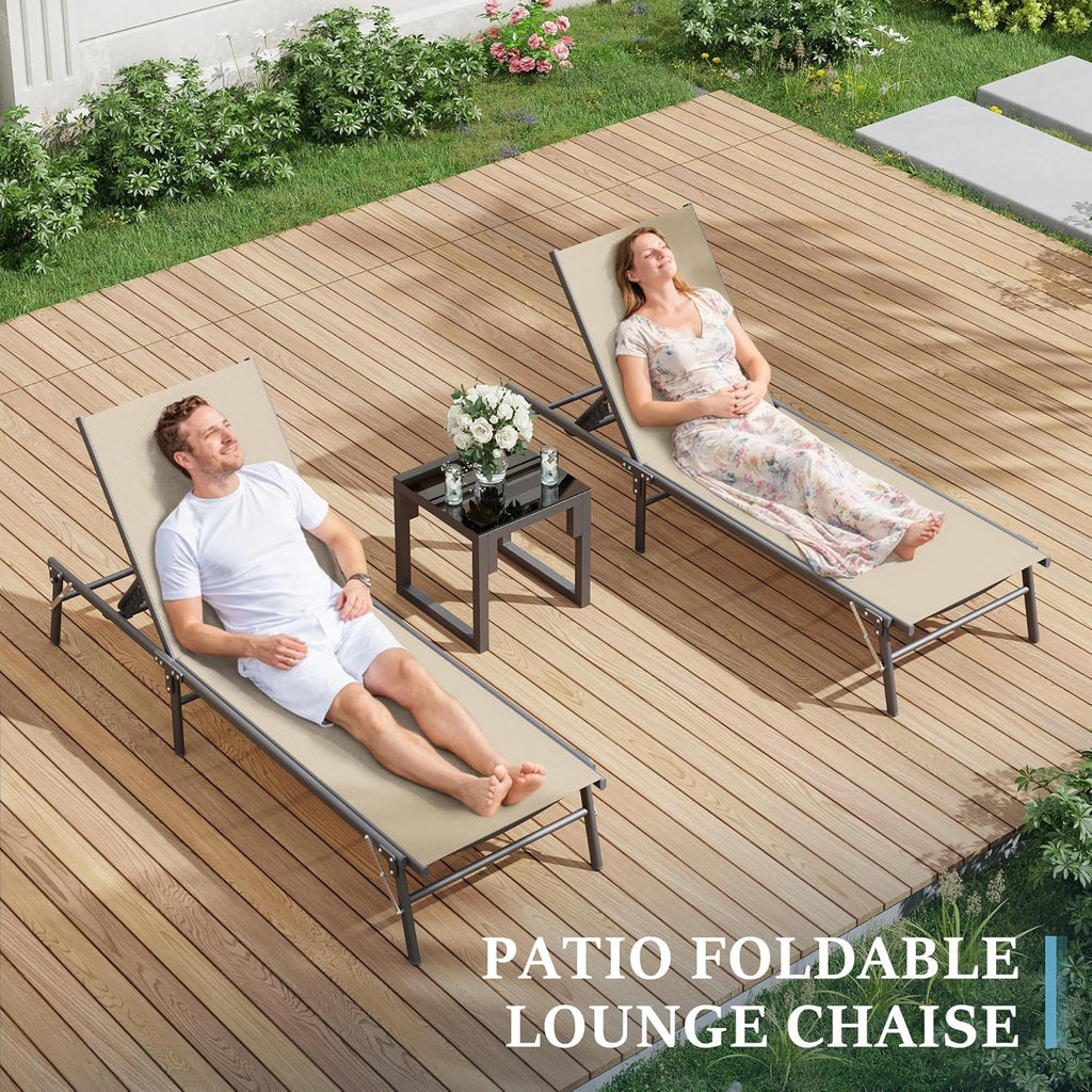 UDPATIO 3pcs Patio Lounge Chair Sets with Side Table Foldable Outdoor Chaise Lounge No Assembly